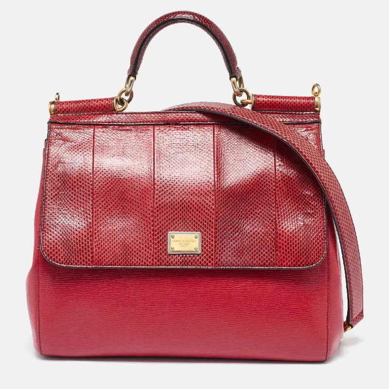 Dolce & Gabbana Red Watersnake And Leather Large Miss Sicily Top Handle Bag