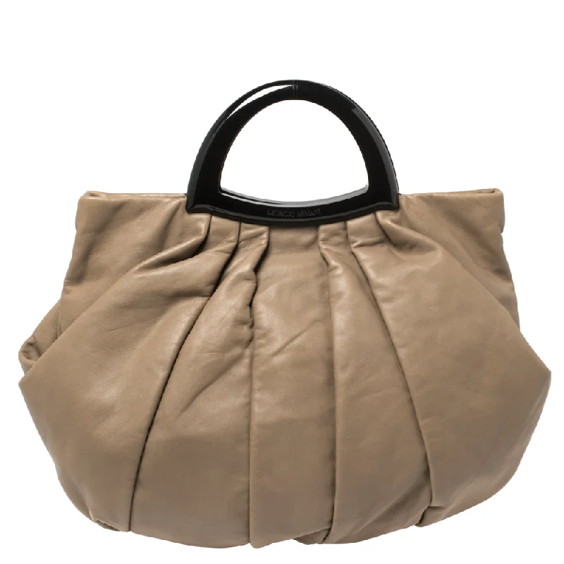 Giorgio Armani Taupe Leather Pleated Top Handle Bag