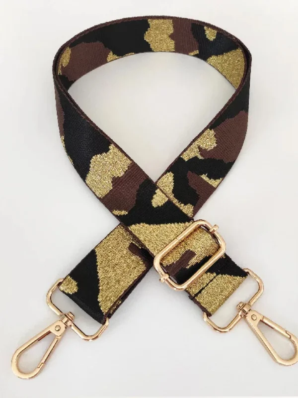 CAMOUFLAGE ADJUSTABLE BAG STRAP W/ METALLIC THREAD - BROWN/METALLIC GOLD/BLACK- GOLD/SILVER HARDWARE