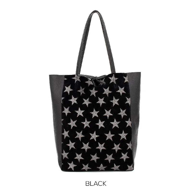 Black Genuine Leather Shopper Bag Large Leather Star Tote Bag